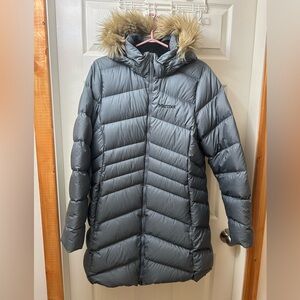 Marmot Charcoal Puffer Jacket with Faux Fur Trim